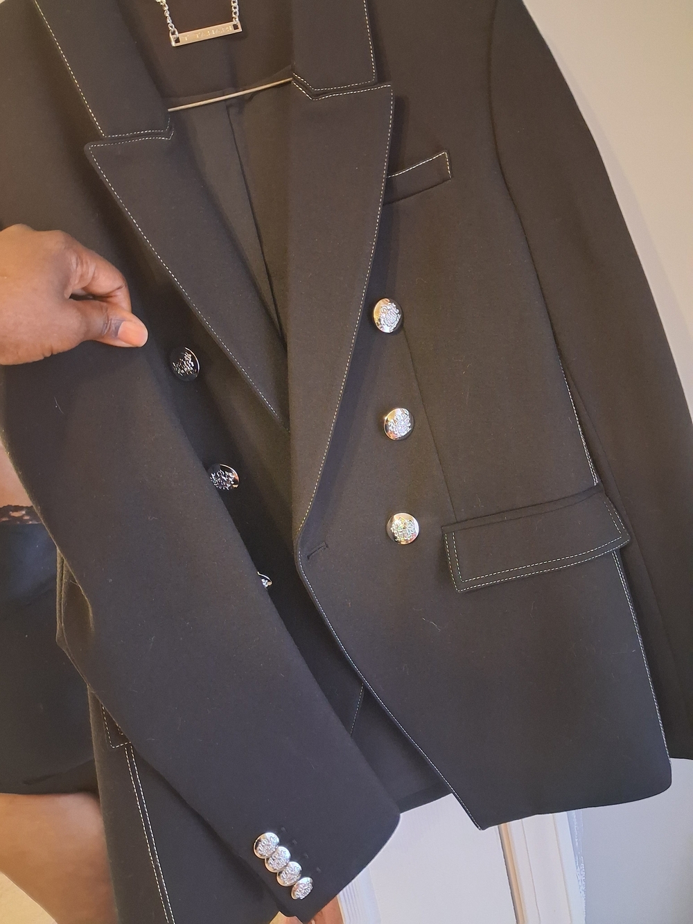 Tahari Black Double-Breasted Blazer with Silver Decorative Buttons